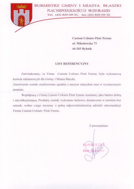 Referencje od Burmistrza Gminy i Miasta Błaszki