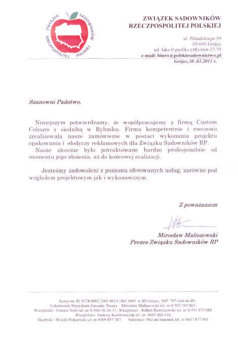 Referencje od Związków Sadowników RP